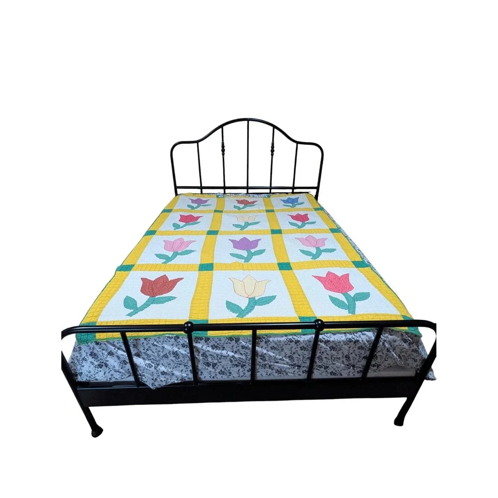 Vintage Tulip Applique Quilt Hand Quilted Cottage Farmhouse Bed Cover 82x60